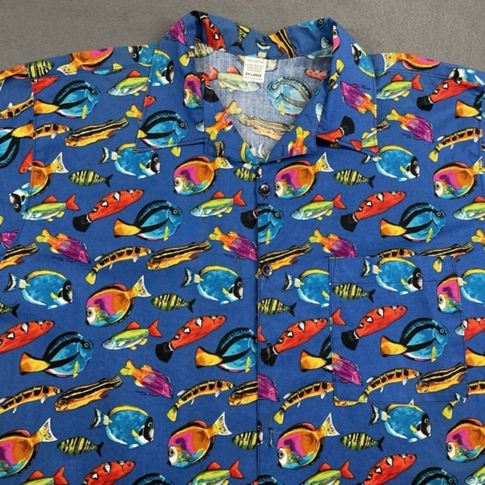 Alexander‎ Henry Men Shirt Fish Print Blue Cotton 1998 Tropicana Hawaiian XXL